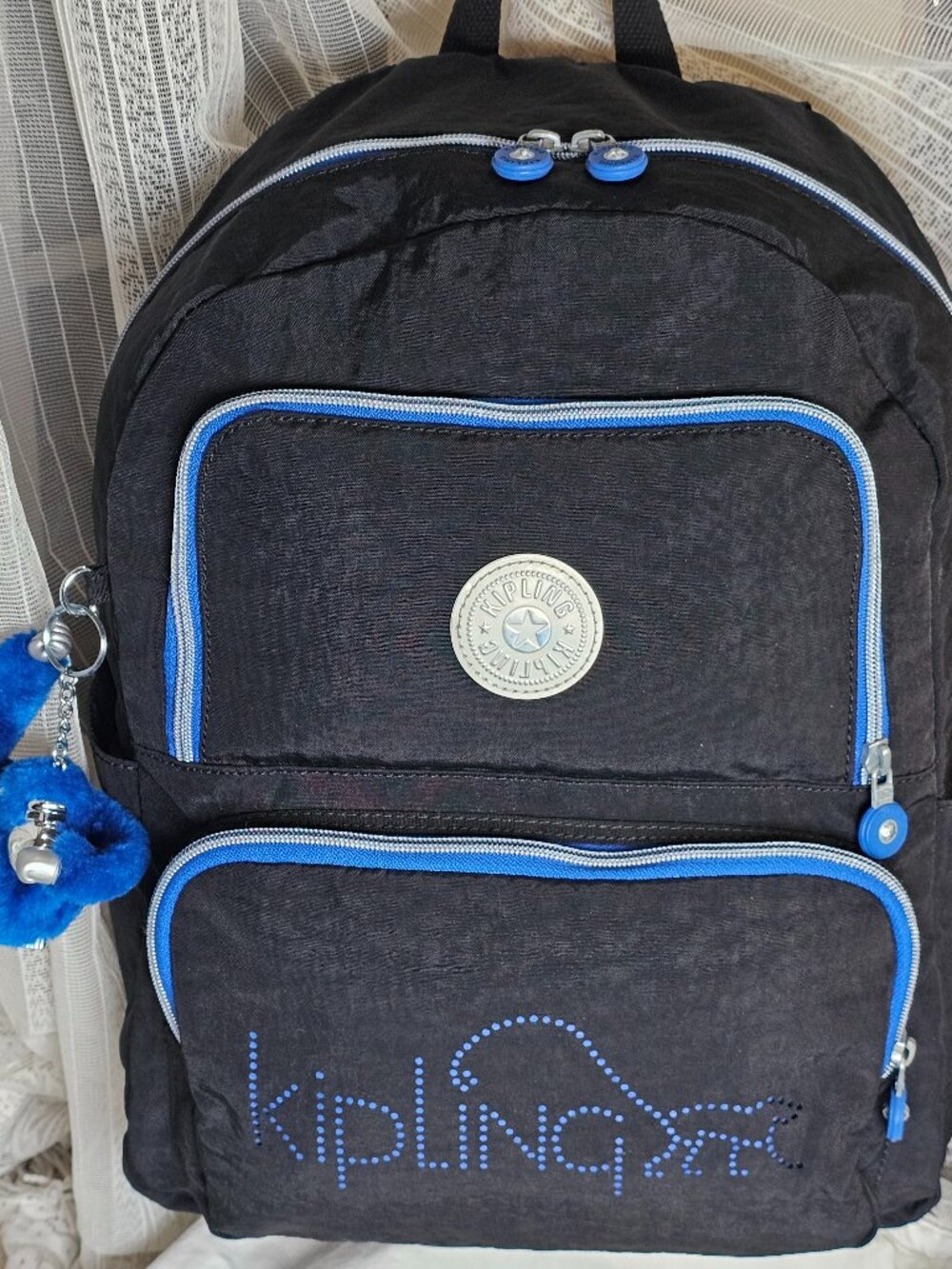 Kipling Black & Blue Backpack with posable Monkey Keychain like new condition